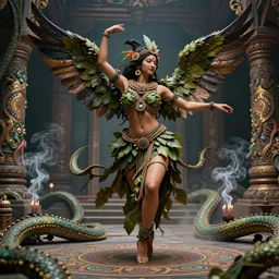 an immaculate render of a dancing tribal goddess adorned with leaves and cables and bird wings, dancing in a temple surrounded by wild tentacles made from mandalas and incense smoke, full body, perfect face, powerful, cinematic, beautifully lit, by artgerm, by alphonse mucha, by karol bak, 3 d, trending on artstation, octane render, 8 k