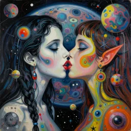 beautiful painting of two bizarre psychedelic women kissing each other closeup on an alien planet, speculative evolution, mixed media collage by basquiat and junji ito, magazine collage art, psychedelic illustration