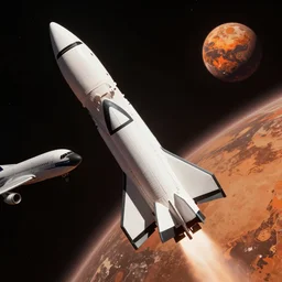 a rocket ship mixed with boeing 7 7 7 in outer space heading to mars n 6