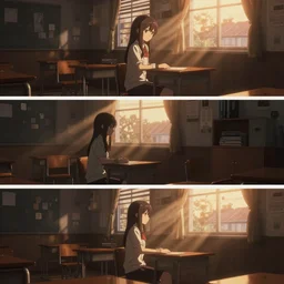 3 panel scene, school girl sits in a cozy school classroom at night - dramatic cozy 3 d poster by wlop and okuda genso. wide angle lens. featured on pixiv, anime aesthetic. pixiv, warm aesthetic, rays of light, volumetric light, artstation, vanitas, official art, gothic, noise film photo. octane render, redshift render, ue 4