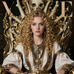editorial photo of girl on bones throne, glo - fi, blonde, curly hair, clean face, big eyes, symmetrical beautiful face, smooth skin, jewelry, native costume and accessories, victorian era, ecstasy, fashion editorial photography, hyperrealistic, from vogue magazine, ultra realistic, artgerm, reflections, gold intricate, 5 0 mm lens, icm