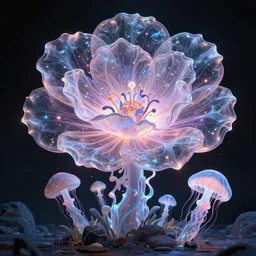 a giant flower made out of chakra, giant gladiola and jellyfish chakra inside a giant fungus, translucent, bio luminescent, plasma, energy flow. highly detailed, excellent composition