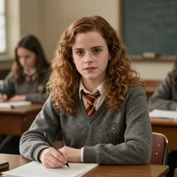 portrait of Emma Watson as Hermione Granger sitting in a classroom, art by Kenne Gregoire, trending on artstation