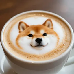 close up photo of a cup of coffee, the foam has a shiba inu face. food photography, photorealistic, bokeh, 4 k.
