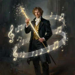 stunning, breathtaking, awe-inspiring award-winning concept art nouveau painting of a well dressed bard surrounded by musical notes made of light energy, by John Avon, extremely moody lighting, glowing light and shadow, atmospheric, cinematic, 8K