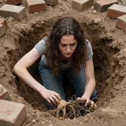 an anxious woman crawling out of a hole, roots grabbing at her, surrounded by bricks, by vincent desiderio