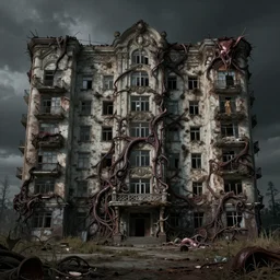 ribbed abandoned soviet apartment building, covered with tentacles, spines, roots and organic rotten flesh meat, baroque painting, standing in a desolate empty wasteland, creepy, nightmare, dream-like heavy atmosphere, surreal abandoned buildings, beautiful detailed intricate insanely detailed octane render trending on Artstation, 8K artistic photography, photorealistic, chiaroscuro, Raphael, Caravaggio, Beksinski, Giger