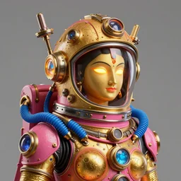 awardwinning portrait photo of a steampunk god saraswati, wearing a glowing golden and pink metallic steampunk astronaut helmet with blue tubes and cables and shiny metallic devices, 3 d render, crisp, 8 k, fluorescent colors, insanely integrate, nikon photography