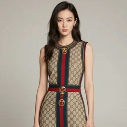 hyper realistic beautiful fashion portrait of a woman super model, wearing a detailed gucci dress