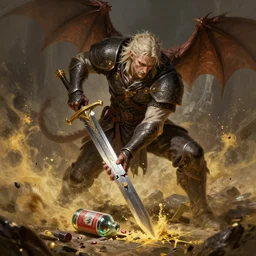 geralt the rivia fighting a demon, broken sword!!, broken bottle of mutagen on the ground, golden powder floating in the air, symetrical, sharp details, highly detailed sword, digital painting, trending artstation, concept art, epic fantasy, illustration, cinematic lighting, vibrant colors, photorealism, epic, octane render.