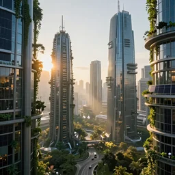 Sunrise over solar punk city, many trees and plants, sun rays, vines, vertical gardens, utopia, beautiful glass and steel architecture, extreme detail, futuristic