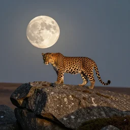 a panther on a granite rock outcrop in dartmoor national park, silhouetted by a full moon