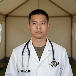 a military doctor, portrait, mugshot, artstation, detailed , stethoscope, inside of a tent, midshot, 4k
