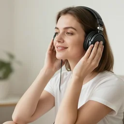 a beautiful woman listening to music by Anna Nikonova