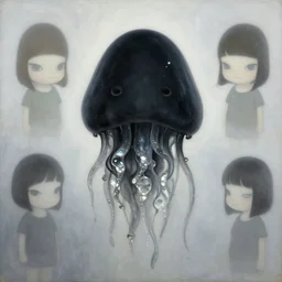 The chibi Omnious Black Jellyfish, chiaroscuro painting by Chiho Aoshima, Yoshitomo Nara, Huang Yuxing and Aya Takano , Superflat art movement, very ethereal, oil inks, very ethereal, silver light, nacre colours, peaceful ambience