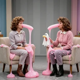 1985 two women on tv talk show wearing an inflatable  long prosthetic snout nose made of gooey pink slime, soft color wearing stripes sitting on chairs covered in soft fabric, pink slime everywhere, grey striped walls, studio lighting 1985 color film archival footage holding a hand puppet that looks like Caspar the Friendly Ghost, 16mm John Waters Russ Meyer Cassavetis Doris Wishman