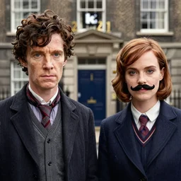 sherlock bbc movie two parts : katie holmes dressed as sherlock at left, emma watson with moustache at right, baker street 2 2 1 b at background, 8 k, cinematic, ultra detailed faces, octane render