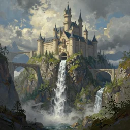 a painting of a castle on top of a mountain, over a high waterfall, bridges connecting the buildings, view from below, a detailed matte painting by tyler edlin, artstation, fantasy art, matte painting, matte drawing, storybook illustration