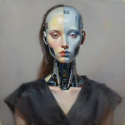 fashion model with half robot face, hyperrealism oil painting