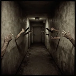 ominous cursed gritty daguerreotype of an endless narrow emergency exit hallway. arms reaching through the walls. ( 1 9 9 0 ) weirdcore, liminal space, the backrooms, 3 d octane render, wayne barlowe, beksinski