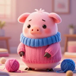 super cute sad 🐷 made out of sweaters and yarn octane rendering vivid cinematic lighting 4k