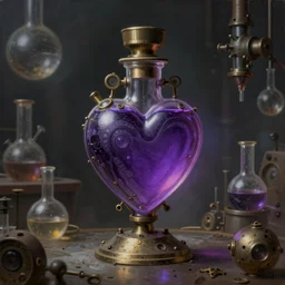 a painting of a steampunk heart shaped violet potion bottle in a dark dusty vintage science lab, by h. r. giger, hyperrealistic fantasy art, concept matte, ethereal, dreamy, digital art, trending on artstation, volumetric cinematic lighting