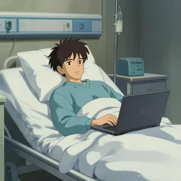 a film still of a man working on his laptop on his deathbed alone in the hospital, perfect art, at hospital, gapmoe yandere grimdark, trending on pixiv fanbox, painted by ilya kushinov makoto shinkai takashi takeuchi studio ghibli, akihiko yoshida