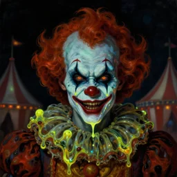 baroque neoclassicist close - up portrait of a retrofuturistic blacklight dark alien horror clown dripping in glowing toxic slime. dark black background, glowing circus atmosphere. highly detailed science fiction painting by norman rockwell, frank frazetta, and syd mead. rich colors, high contrast, gloomy atmosphere. trending on artstation and behance.