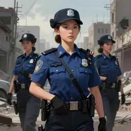 detailed ultra - realistic graphic novel illustration of patrolling police girl cops, desolated city district, by famous digital artists, cinematic, full shot