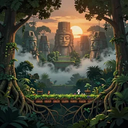 deep mayan jungle forest realm biodiversity , side-scrolling 2d platformer game level, swirling clouds of magical mist through the trees, ancient temple gigantic statue heads in ruins in the background between the tree trunks, dramatic dusk sun illuminates areas, volumetric light , detailed entangled roots carpet the forest floor, rich color, upscale , 8k