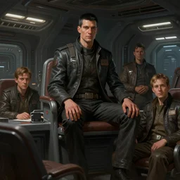 concept art by greg rutkowski, a very tall, and slender man with short black hair, sitting with the crew in the ship's bridge, brutalist futuristic interior, dark lighting atmosphere, detailed portraits, nostalgic atmosphere, scifi, digital painting, artstation, concept art, smooth, sharp foccus ilustration, artstation hq