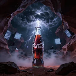 thunder clouds inside a low - poly coca cola ice cavern, dark fluid simulation, dark scene illuminated by led screens, dark matter, 2 0 0 0 s spy kids aesthetic, antelope canyon, high contrast, johfra bosschart, octane render, ray - tracing, specular highlights, volumetric fog, trending on artstation, 6 k, wallpaper