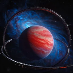 movie still frame, megastrutture of metal rings around red striped planet, a blue shining nebula in the background, beautiful composition, 8 k, cgi, by ridley scott, zack snyder and michael bay