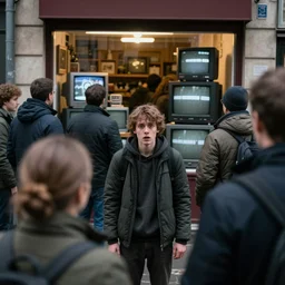 ernst ludwig, a frightened young man in a street surrounded by people who have no eyes. people are watching crt televisions in every shop s 1 5 0