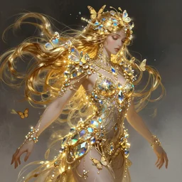 illustration of a woman with long hair, iridescent and golden, refractive crystal jewelry, butterflies, hyper detailed, character concept, dynamic pose, glowing lights, intricate, elegant, highly detailed, digital painting, artstation, concept art, smooth, sharp focus, illustration, art by chris sanders and greg rutkowski and alphonse mucha