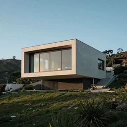 A square shaped futuristic contemporary house in the hills of Los Angeles. A cinematic photograph.