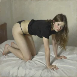 A oiled painting of a young girl in a black top bending her legs on the bed and looking into the camera by NEMO Art, Artstation.