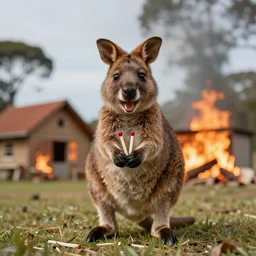 happy quokka holding matches in front of a burning house, ultrarealistic, 8k, wide shot,