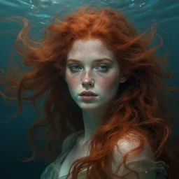 goddess of the ocean!! portrait of a sensual freckles redhead queen in underwater murky light, wind blown hair! fantasy esoteric, closeup, d & d, fantasy, intricate, elegant, highly detailed, digital painting, artstation, concept art, matte, sharp focus, illustration, art by artgerm and tom bagshaw and greg rutkowski and alphonse mucha