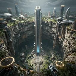 a massive cenote hole i. the ground, hundreds of modern halo, mass effect star wars futuristic buildings built on and around the cliff wall, large central tower in the middle, mattepainting, concept art, future architecture