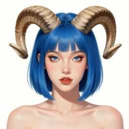 illustrated realistic portrait of ram-horned devil woman with blue bob hairstyle and her tangerine colored skin and with <black evil eyes> wearing leather by artstation