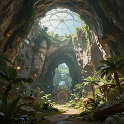 Matte painting of the interior view of giant cave canyon with a glass dome. Solarpunk oasis. Fantastical, detailed digital art trending in artstation