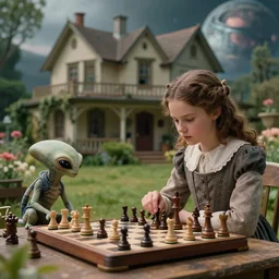 sharp, highly detailed, 4096k film, 3500mm film still from a sci fi blockbuster color movie made in 2019, set in 1860, of a girl playing chess with their small pet humanoid alien creature, in the garden of a house on an alien planet, are all wearing 1860s era clothes, cinematic lighting, in focus, 350mm f/1.4L lens