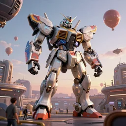 a beautiful hyperrealistic ultradetailed 3 d render of a gigantic mecha guarding a sci - fi spaceport, by alphonse mucha : 3, mech, unreal engine, octane render, gigantic, unreal engine, octane render, 3 d, brilliantly coloured, intricate, ultra wide angle, trending on artstation, dusk, volumetric lighting, hdr, polished, micro details, ray tracing, 8 k : 2, people, sphere, balloon, blurry, blur, depth of field, dof, bokeh, obscured, macro : - 1