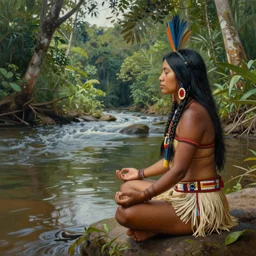 a realistic painting of an indigenous woman with a beautiful shaman outfit meditating near a river in the amazon jungle, gazing at the water, highly detailed, art by christophe vacher