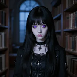 1 7 - year - old pale - skinned persian girl with black long bob cut, black gothic jacket, purple eyes, psychic girl, in a gloomy library, blue hour