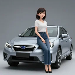 A hasselblad studio photo of asian modern woman character sitting on hood subaru car, unreal engine, octane render, blender3d, digital art, intrecate light, 8k resolution, anime style