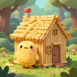 a cartoonish cute anthropomorphic spaghetti monster is near a house made of only straws in a mystical forest full of wonders, pine trees, magical atmosphere, trending on artstation, 30mm, by Noah Bradley trending on ArtStation, deviantart, high detail, stylized portrait H 704