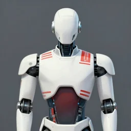 robot with a futuristic white military uniform, portrait, faceless, terminator, clean, designed by Apple, red and white stripes, painting by H R Giger