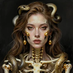 realistic portrait of beautiful skeleton with her snakes, golden rings, golden nugets, greg rutkowski, seb mckinnon, golden, facing the camera, delicate, hyper realism, 1 4 5 0, ink, ultra realistic, 8 k